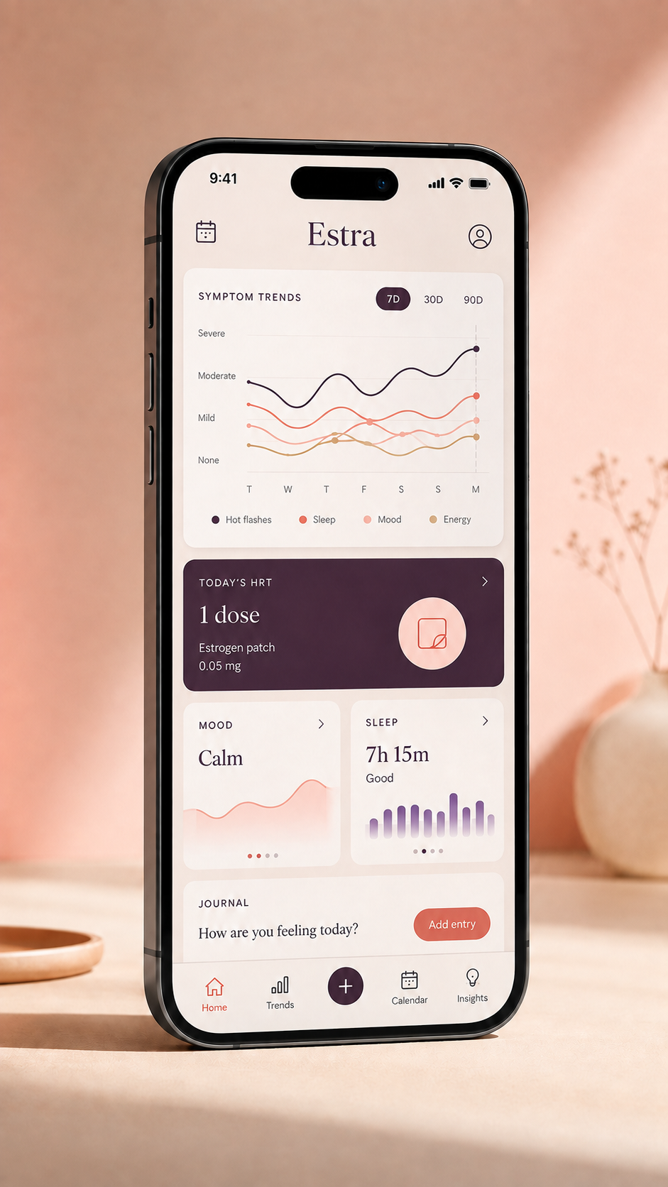 Estra app showing a symptom trend chart and today's HRT dose log