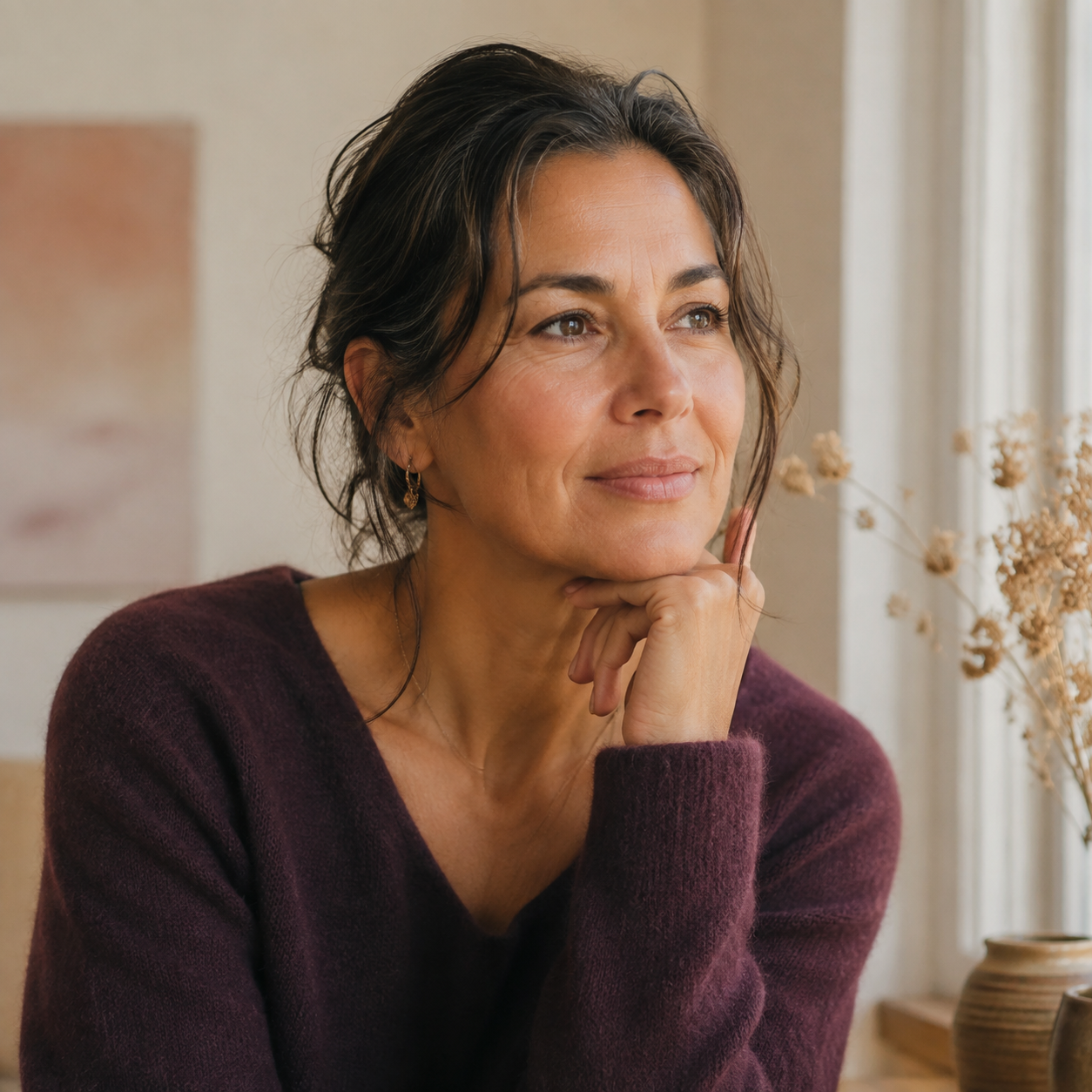 A woman in her fifties resting her chin on her hand in warm morning light