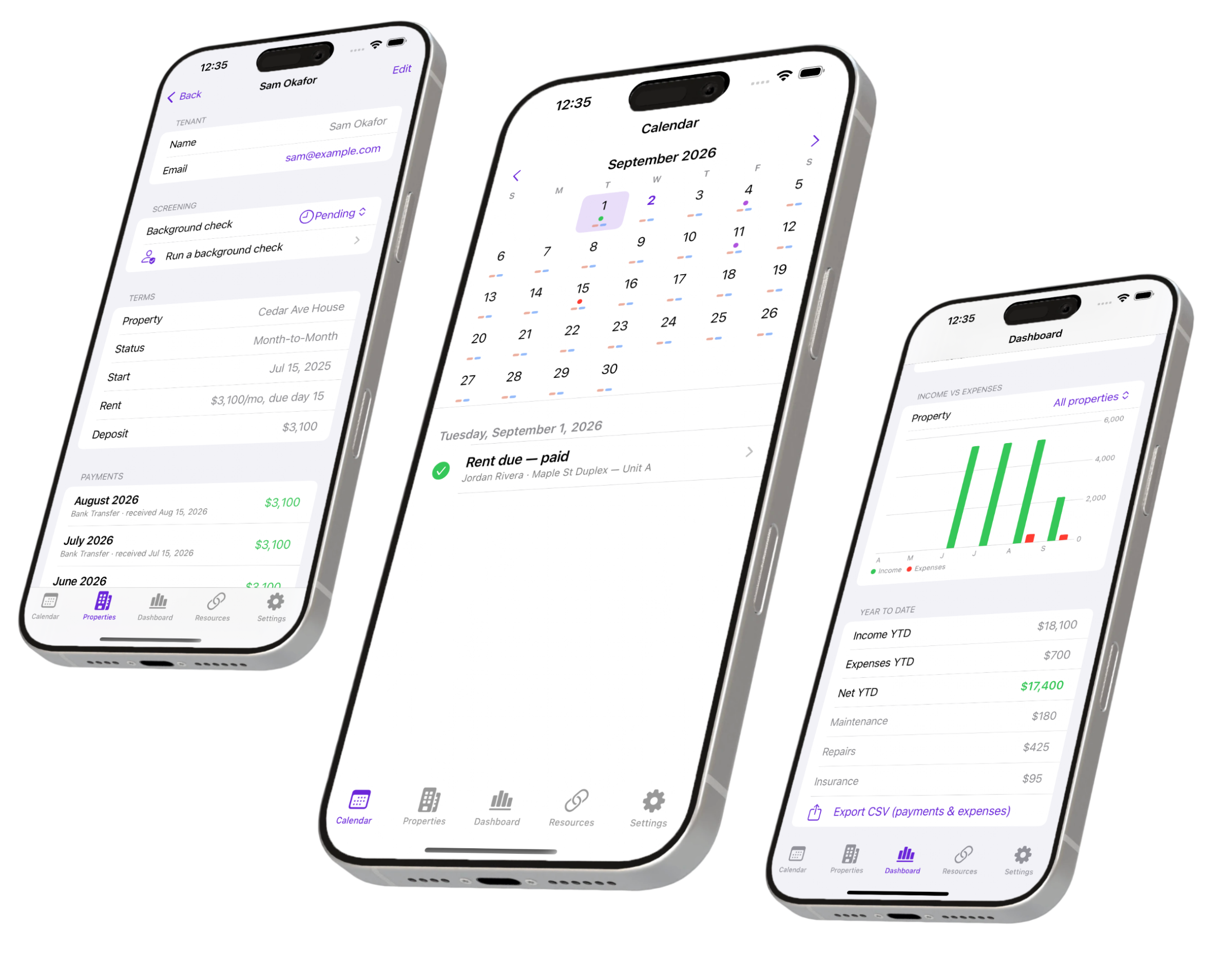 leaseLedger app showing a calendar screen with different tasks.