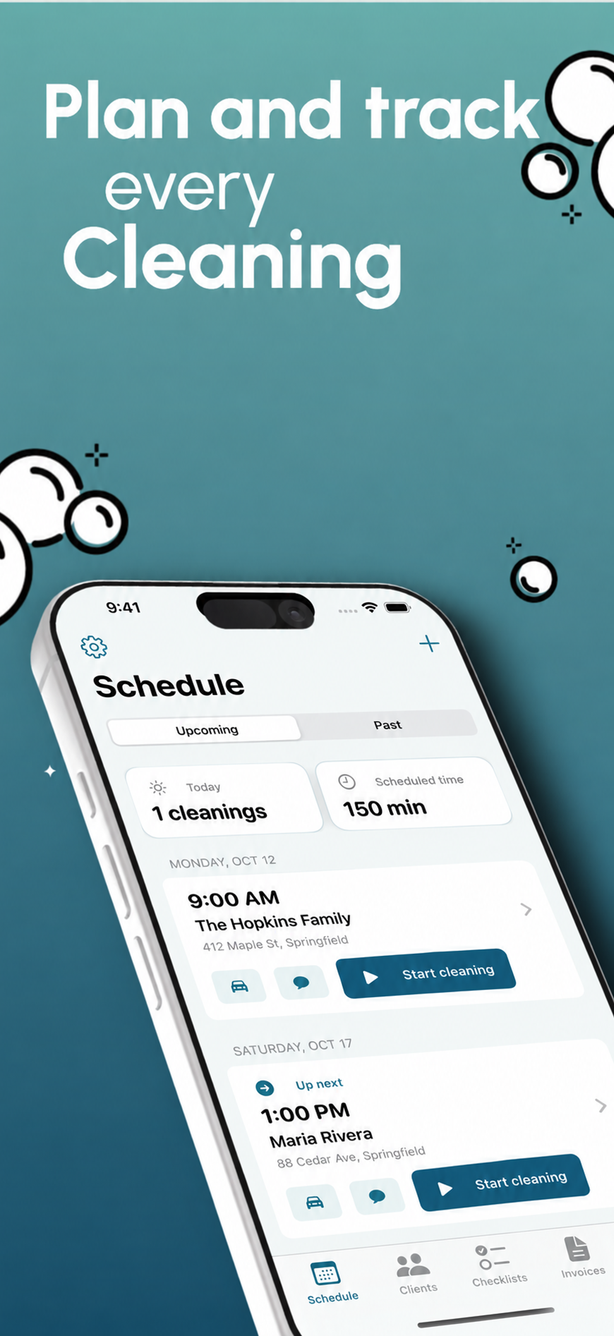 SoloSuds schedule showing upcoming cleaning appointments