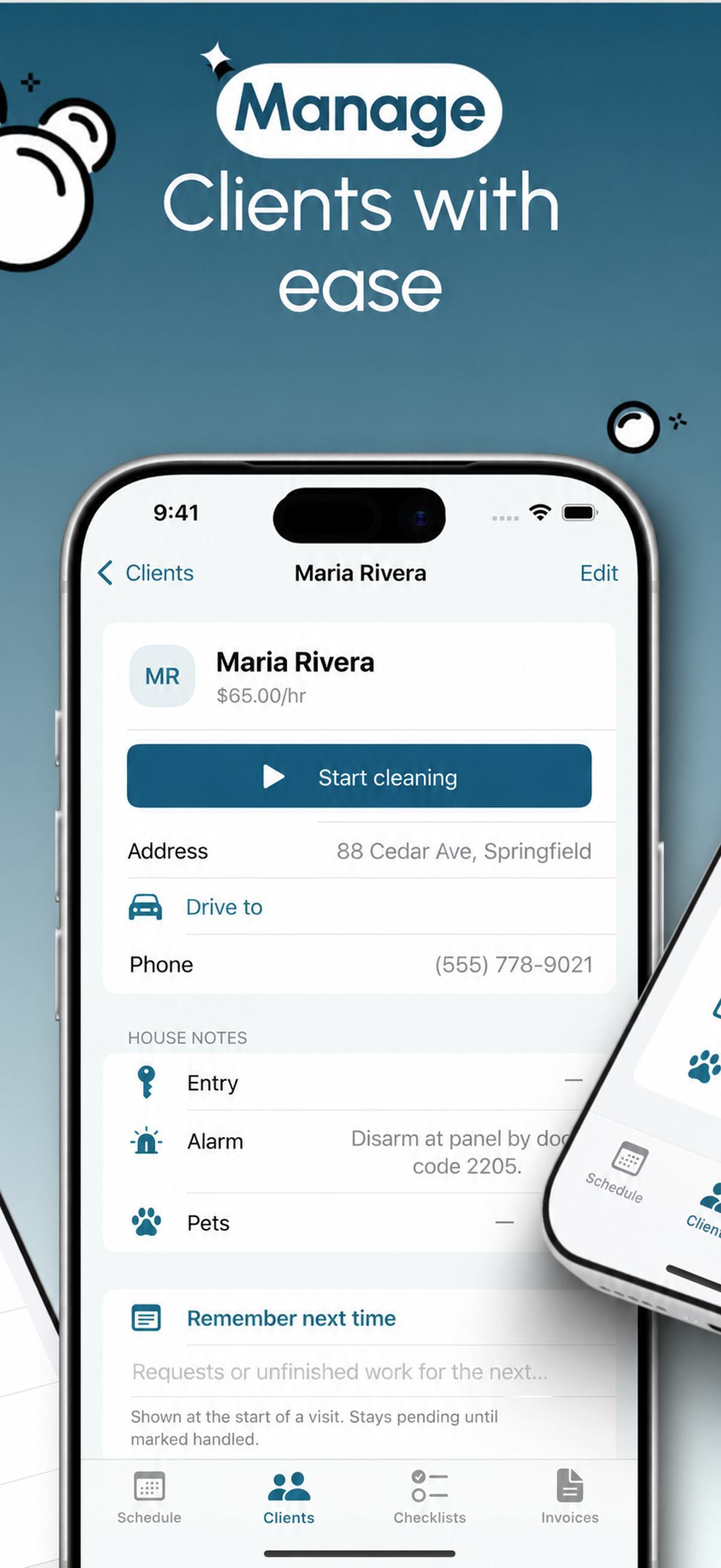 SoloSuds client details with house notes and upcoming visits